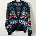Vintage 70s Sasson Fair Isle V Neck Cardigan Sweater Oo La La Small Retro Black Photo 2