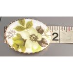 Vintage Ceramic Transferware Brooch Pin Green Black Flower Oval Gold Tone Estate White Photo 4
