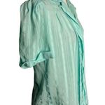 Vintage Button Up Pleated Blouse 6 Blue Striped Slightly Sheer Short Sleeve Photo 4