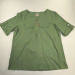 Anne Klein Womens Popover Top L Linen Blend Gold Zip Tassel Roll Tab Sleeve Photo 4