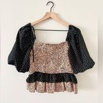 Anthropologie La Ven Smocked Bodice Blouse in Tan & Black Speckle Print - Size M Photo 3