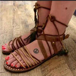 Free People Willow gladiator sandal size 6 Brown leather green tassels wrap boho Photo 3