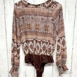 Lulus Bodysuit Women Size XS Brown Boho Tribal Long Sleeve Cuffed Crewneck Photo 0