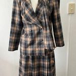 Vintage 80s beige green ruffled wool rustic plaid checkered skirt suit w/scarf S Tan Size M Photo 0