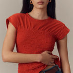 Anthropologie Maeve Top Smocked Muscle Short Sleeve Cotton Red Sz S NWT New Photo 0