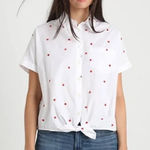 Madewell White Button-Up Shirt Red Strawberries Tie Front Medium Oversized EUC Photo 0