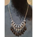 Women’s Black Teardrop Beaded Bib Necklace Silver Chain Faceted Crystal Accents Brown Photo 1