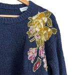 Vintage 80s 90s Navy Hand Knit Sweater w/ Floral Detail & Gold Stitching M/L Photo 4