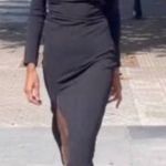 ZARA Blogger’s Favorite Black Asymmetric Neck Midi Slit Draped Dress Size M Photo 0