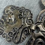 Vintage Black Silver Ornate Luggage Tag Articulated Earrings Scrollwork Design Photo 13
