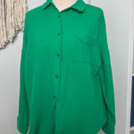 Pink Lily Womens Kelly Green 100% Cotton Oversized Button Up Shirt Top S Holiday Photo 0