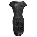 Theia Sheath Abstract Plaid Cocktail Dress Size 2 Gold Black Cap Sleeve Luxury Photo 1