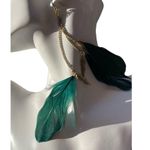 Vintage Dark Green Gold Dangling Real Feather Earrings Western Aztec Sz 7” Photo 0