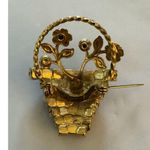 Vintage Spring Flower Basket Brooch Pink Red Prong Rhinestone Blue Gold Tone Pin Photo 2