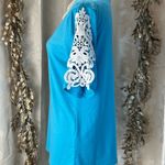 Amazon Blue Crochet Sleeve V-Neck Blouse Medium Soft Stretchy Feminine Photo 2