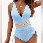 Amazon NWT Blooming Jelly V-Neck Ruched Sides One Piece Swimsuit | Size: S | Sky Blue Photo 0