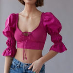 Urban Outfitters  Rosie Magenta Pink Puff Sleeve Smocked Crop Top Tie Front Photo 0