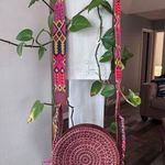 Bohemian Woven Round tooled Leather crossbody with woven Strap NWOT Brown Photo 0