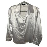 Micas Silver Satin Blouse Button Down‎ Long Sleeve Collared Shirt Photo 0