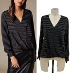 Karen Millen  Pinstripe‎ Wrap Blouse Black Long Sleeve Size US 4 Photo 1