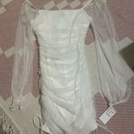 White Tulle Mesh Bodycon Off the Shoulder Polka Dot Pattern Mini Dress Size XS Photo 0