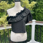 ZARA RUFFLED ASYMMETRIC TOP BLACK EYELET Size L Photo 4