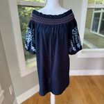 Rebellion Navy Blue Embroidered Cotton Off the Shoulder Loose Fit Shift Dress M Photo 5
