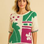 Koret Vintage XL Off White Knit Sweater Pink Green Floral Tropical Short Sleeve Photo 0