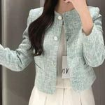 ZARA New Luxury Preppy Green Long Sleeves Round Neck Textured Crop Blazer Sz XL Photo 0