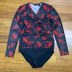 Tahari  Floral Bodysuit Womens Small Black Red Mesh Long Sleeve V‎ Neck Surplice Photo 0