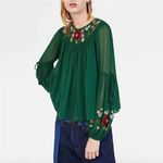 ZARA  Dark Green Floral Embroidered Tassel Tie  Top SMALL Prairie Cottagecore Photo 11