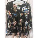 CHELSEA & THEODORE Black Floral Tiered Peasant Blouse Top XL Long Sleeve Tie Photo 5