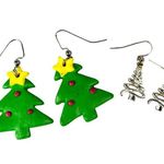 Christmas Tree Drop Earrings Set Of 2 Handmade Polymer Clay & Silver Photo 0