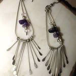 Long Vintage Silver Dangle Earrings Purple Amethyst Pearl Beads Fringe Photo 5