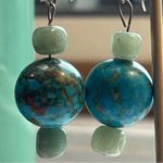 Vintage Genuine Kingman Turquoise & Aventurine Stone Sterling Drop Earrings Blue Photo 5