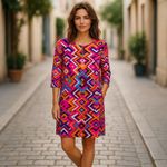 Anthropologie Everly 70s Psychedelic Shift Dress Black Pink Mini 3/4 Sleeve Small Photo 13