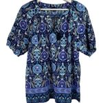 Talbots Size M Pleated Sleeve Top Floret Medallion Elbow Sleeve Split Neck Blue Photo 1