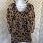 Line and Dot  tan navy print‎ silk blouse Photo 2