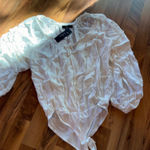 Lulus  Womens White Balloon Sleeve Bodysuit Tie‎ V-Neck Romantic Blouse S peasant Photo 0