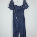 Anthropologie  Velvet Jumpsuit Size 10 Blue Off Shoulder Ruched Wide Leg Occasion Photo 2