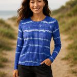 Lands' End  Swim Shirt Rash Guard Blue White Tie Dye‎ Look Stripe Size M 10 12 Photo 1