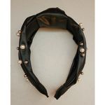 Faux Vegan Leather Knot Headband w/ Pearl‎ & Silver Tone Bead Accents Black Photo 3