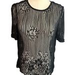 Haute Monde Blouse Womens M Sheer Floral Embossed Sleeve Fray Hem Black Whimsey Photo 0