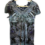 One World  Blouse Women's Size‎ Medium Ruffle Tribal Blue Purple Photo 0