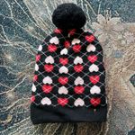 Juicy Couture Black and Red Heart Patterned Knit Beanie Hat Cozy Hippie Grunge Photo 0