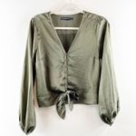 Abercrombie & Fitch Satin Long Sleeve Button Up Tie Front Top Olive Green Small Photo 2