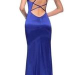 La Femme 29858 Blue Satin Cross Back Gown 6 Photo 1