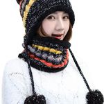 Fleece Lined Women Knit Beanie Scarf Set Girls Winter Ski Hat with Earflap Pompom Photo 1