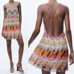 ZARA Geometric Print Straight Neck Strappy Embroidered Short Dress Size Small Photo 4