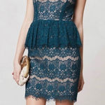 Maeve Anthropologie  Elsa Green Lace Overlay Peplum Dress Size Small Photo 0